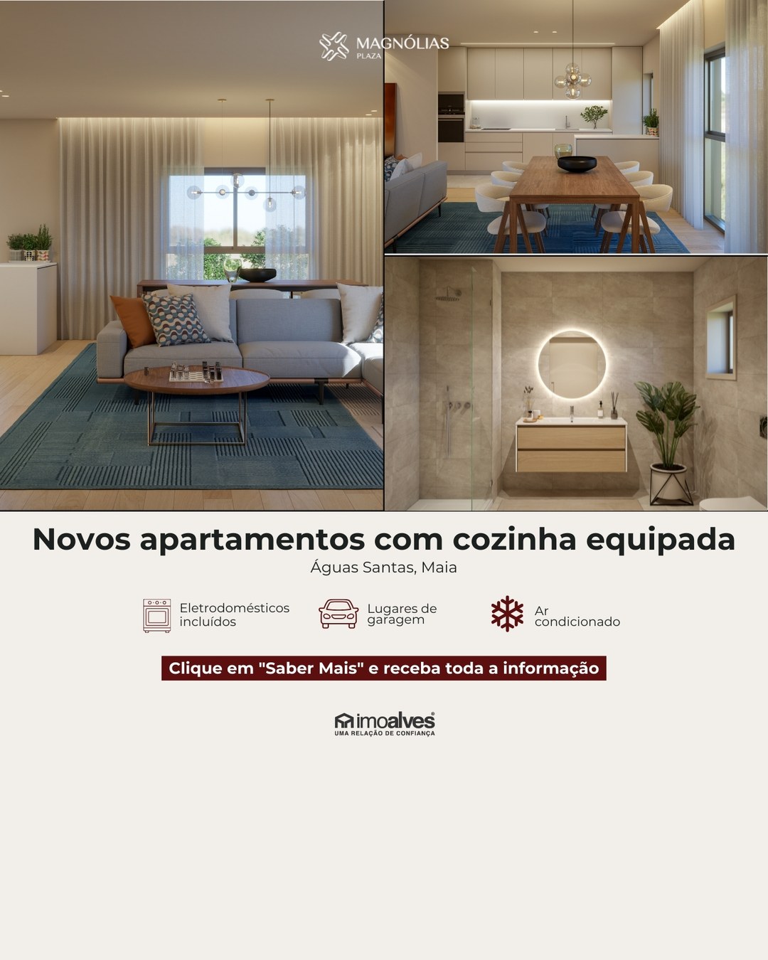 Anúncio do Magnólias Plaza: interiores com sala e cozinha equipada